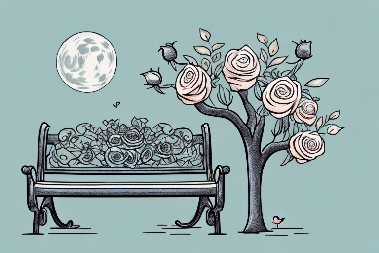 A romantic setting with a moonlit park bench