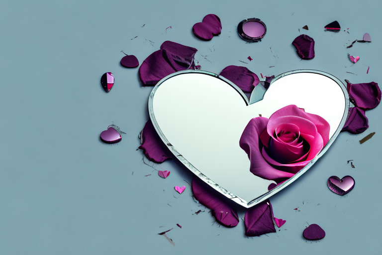 A broken heart-shaped mirror reflecting a wilting rose