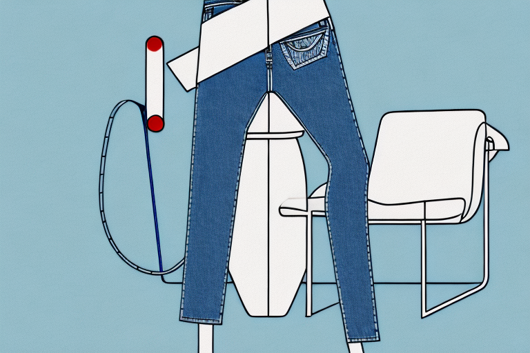 A pair of jeans draped over a chair with a measuring tape wrapped around the thigh area