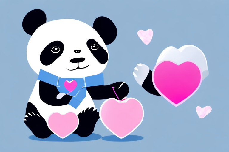 A cute panda bear holding a pink heart-shaped object