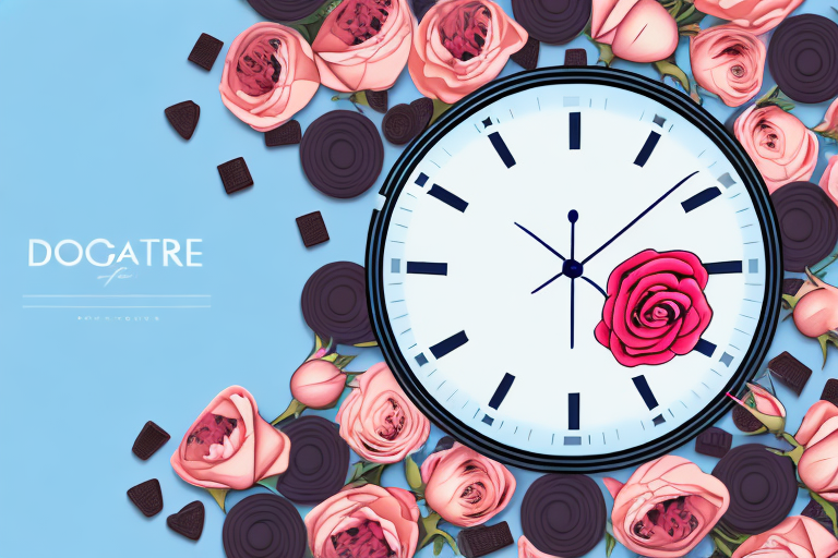A ticking stopwatch next to a bouquet of roses and a box of chocolates