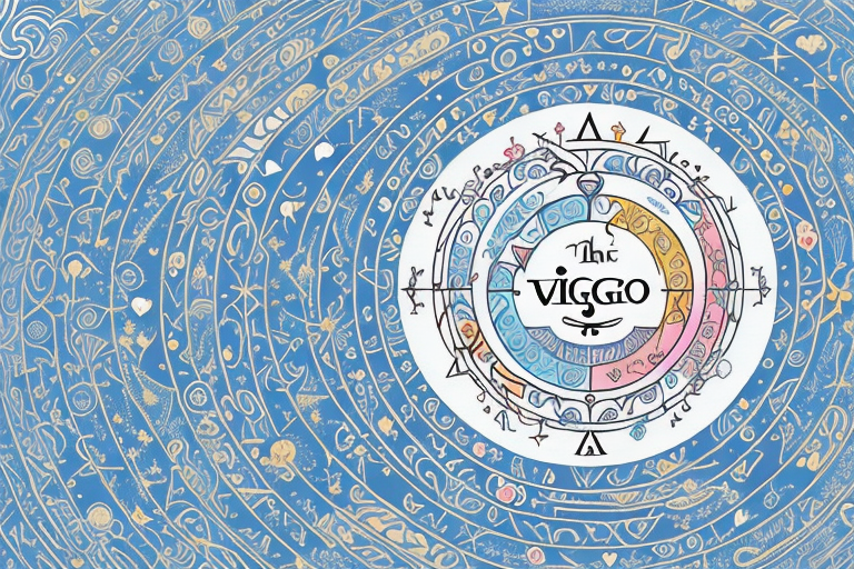 The virgo zodiac symbol surrounded by various romantic symbols such as hearts