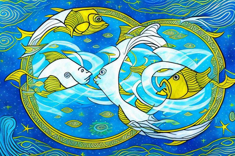 A mystical scene with symbolic pisces elements like two fish swimming in opposite directions