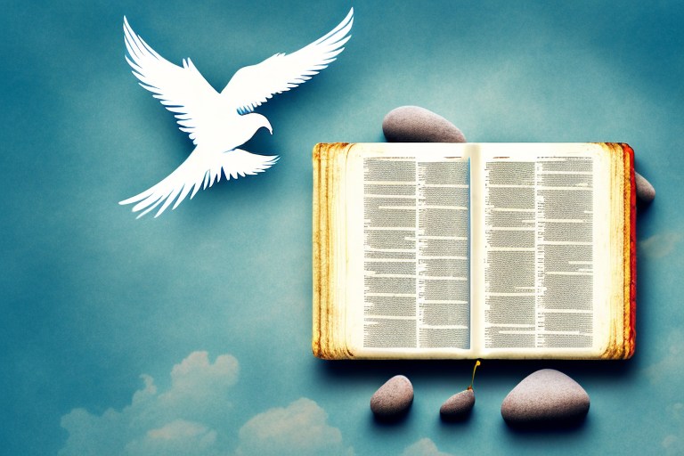 A serene landscape with a bright light shining from the heavens onto an open bible placed on a rock