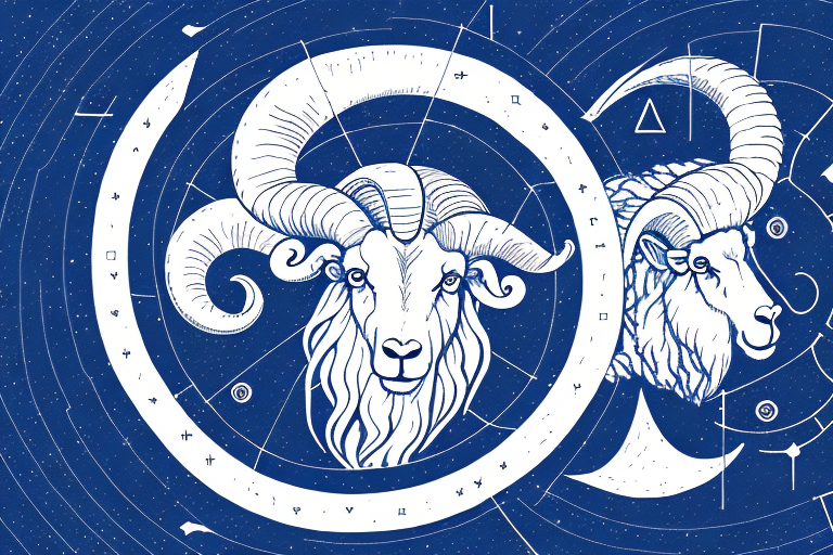 The aries zodiac symbol (a ram) with a heart-shaped constellation in the night sky