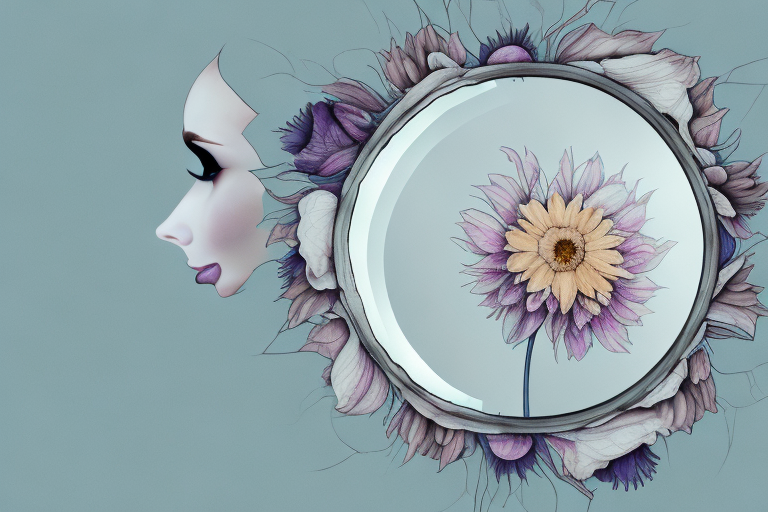 A broken mirror reflecting a wilted flower