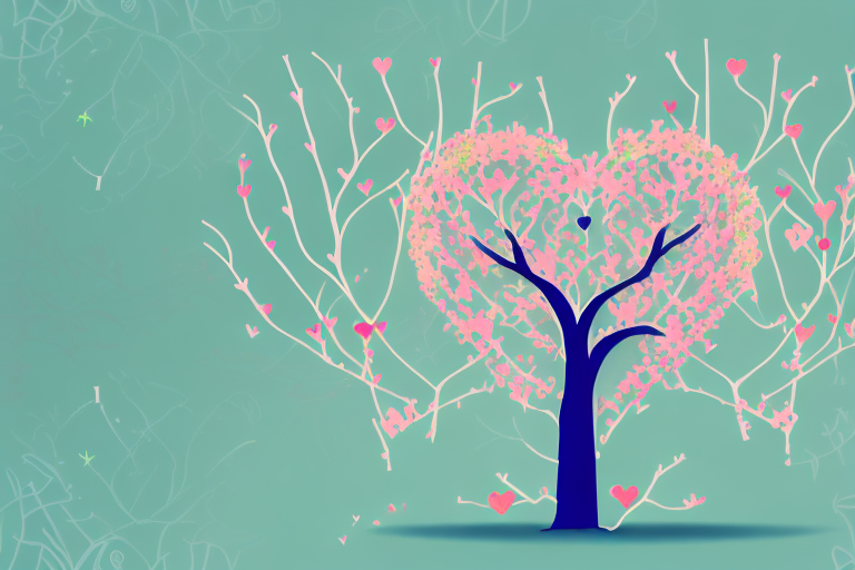 A whimsical heart-shaped tree with intertwining branches and colorful leaves