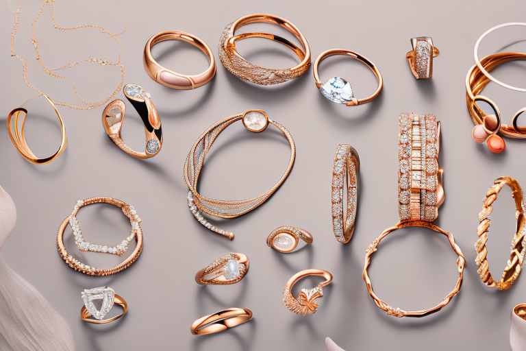 A beautifully arranged jewelry display featuring a variety of elegant pieces such as rings